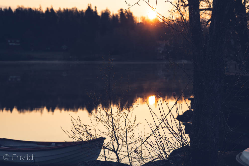 Fotografera soluppgång kl 05 i maj månad vid sjön Mjörn, Lerums Kommun. Foto Johanna Ene 2021.