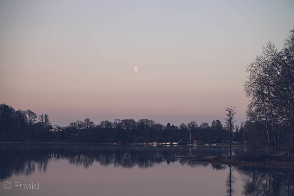 Kl 05 i maj månad vid sjön Mjörn, Lerums Kommun. Måne över Björboholms Småbåtshamn. Foto Johanna Ene 2021.